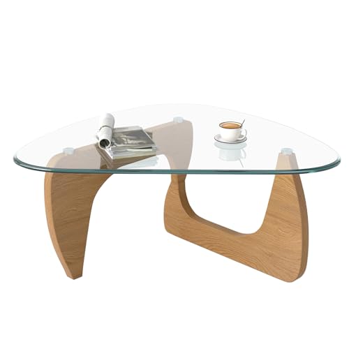 Modern Glass Coffee Table, Triangle Center Table with Tempered Glass Top& Unique Wooden Base, 35.5” Mid Century Tea Tables for Living Room, Apartment, Office,Wood &Transparent - color: Wood & Transparent, size: Medium 35.5*25.5*15.7in