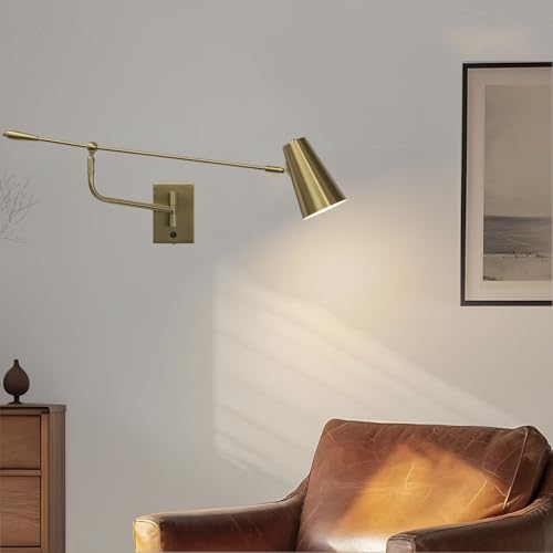 Adjustable Direction Swing Arm Wall Lamp, Gold, 33 Inch | Rotatable Activity, Dual Power Modes Plug-in/Hardwired, Indoor Large Wall Mounted, For Bedroom Living Room Dining Room - color: Dold