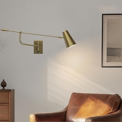 Adjustable Direction Swing Arm Wall Lamp, Gold, 33 Inch | Rotatable Activity, Dual Power Modes Plug-in/Hardwired, Indoor Large Wall Mounted, For Bedroom Living Room Dining Room - color: Dold