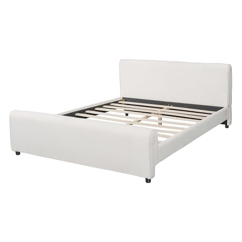 Merax Queen Size Luxury Bouclé Upholstered Bed Frame, White | Modern Curved Platform Bed with Rounded Headboard & Footboard, No Box Spring Needed, Solid Wood Slats Support, Easy Assembly - size: Queen