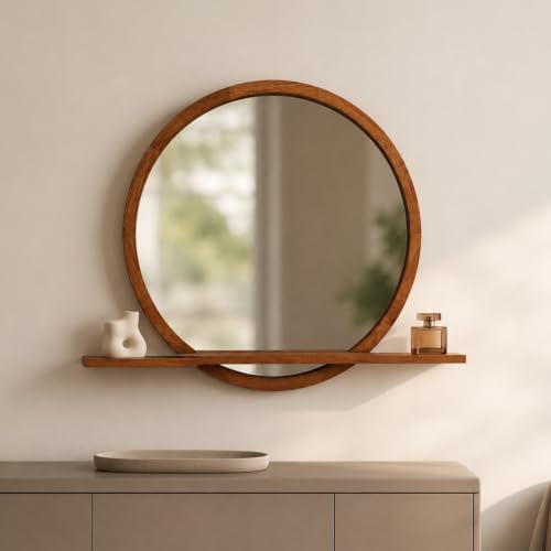 24" Round Wall Mirror with Shelf, Solid Wood Frame