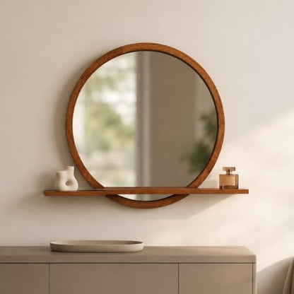 24" Round Wall Mirror with Shelf, Solid Wood Frame