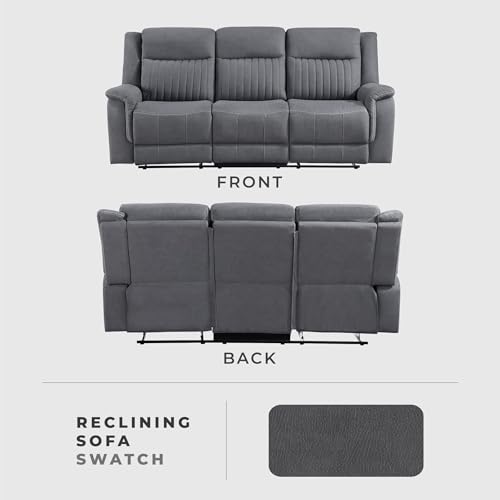 Lexicon Polished Microfiber Wall Hugger Manual Double Reclining Sofa, Gray | 86"W Upholstered 3 Seater Manual Sofa Recliner for Living Room/Apartment, Tool Free Assembly - color: Grey, size: Reclining Sofa