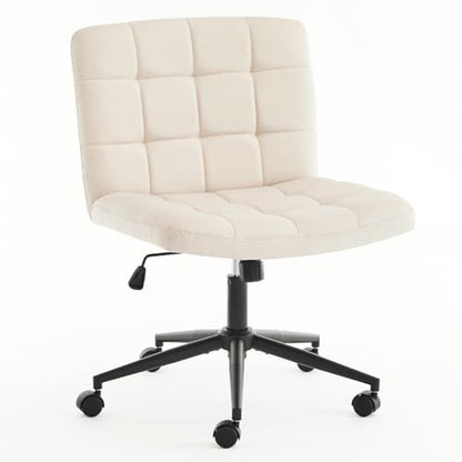 Furnimart Swivel Criss Cross Legged Chair with Wheels for Home Office, Wide Armless Desk Chair Height Adjustable Comfy Seat for Desk,Vanity, Bedroom, Beige - color: Linen-beige