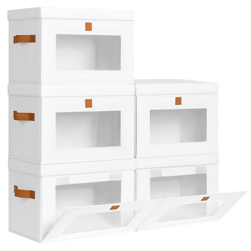 DIMJ Storage Bins with Lids - 5 Pack Front Opening Stackable Fabric Storage Boxes with Clear Window & Handles, Collapsible Closet Organizers for Clothes, Sweaters, Shelf Storage, Bedroom, White - color: White, size: Large-5 Pack