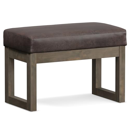 SIMPLIHOME Milltown 27" Wide Vegan Leather Ottoman in Distressed Brown | Contemporary ottoman with a cushioned seat for bedroom seating; rectangle footstool, footrest or bench. - color: Distressed Brown, style: Small Ottoman Bench