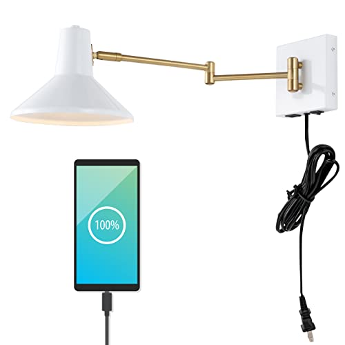JONATHAN Y Hygge 1-Light Modern Swing Arm USB Sconce 8", White/Brass Gold | Metal Construction, Plug-In Midcentury Bedside Wall Lamp, Cone Shade, Adjustable Head, LED Bulb Included - color: White/Brass Gold