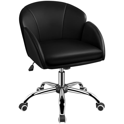 Yaheetech Black Petal Faux Leather Makeup Vanity Desk Chair, Swivel Wheels | Easy-clean faux leather cushioned seat fits makeup vanity, nail salon or office desks; adjustable height, swivel, fast setup. - color: Black