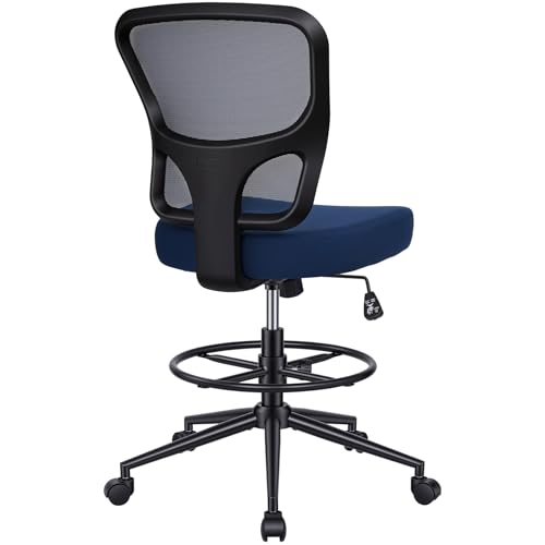 Armless Drafting Chair Tall Office Chair for Standing Desk - Adjustable Height Mesh Ergonomic Drafting Stool with Foot Ring & Wheels, Rolling Counter Height Computer Chair for Home Office - color: Deep Blue