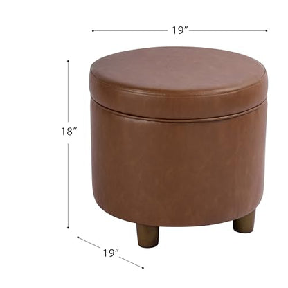 HomePop 19" Round Storage Ottoman - Chestnut Brown Faux Leather - color: Chestnut Brown Faux Leather