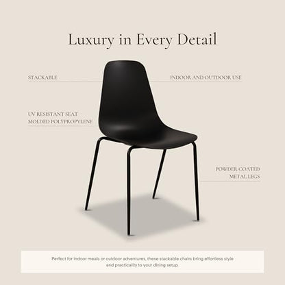 Poly & BARK Isla Stackable Dining Chairs Set of 4 – Mid Century Modern Plastic Dining Chair with Metal Legs – Kitchen & Dining Room Chairs – Dining Table Chairs Set – Indoor/Outdoor – Ebony Black - color: Ebony Black, style: Isla Stackable Set of 4