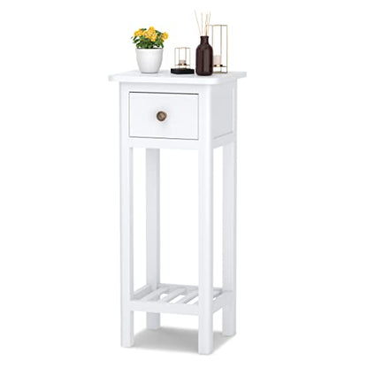 Narrow End Table, Tall Nightstand with Drawer & Shelf, Small Bedside Table w/Anti-Tipping Device, No Assembly, White - color: White