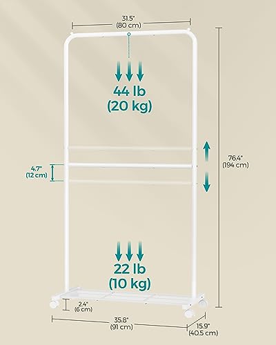 SONGMICS Clothes Rack with Wheels, Double-Rod Clothing Rack for Hanging Clothes, 25.4mm Metal Garment Rack with Dense Mesh Storage Shelf, 110 lb Load Capacity, 2 Brakes, White UHSR027W01 - color: White, style: Middle Rod