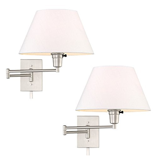 Kira Home Cambridge 15" Modern Swing Arm Wall Sconce + 3-Way Switch, 2-Pack | White Empire Fabric Shade, 2-in-1 Plug In or Hardwired Bedroom Wall Lamp, Satin Nickel Finish - color: Brushed Nickel,White Shade,2-Pack