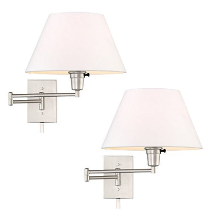 Kira Home Cambridge 15" Modern Swing Arm Wall Sconce + 3-Way Switch, 2-Pack | White Empire Fabric Shade, 2-in-1 Plug In or Hardwired Bedroom Wall Lamp, Satin Nickel Finish - color: Brushed Nickel,White Shade,2-Pack