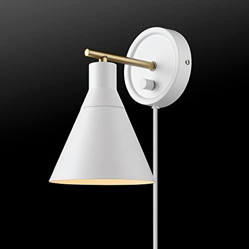 Globe Electric 65542 1-Light Plug-in or Hardwire Wall Sconce, Matte White, Brass Accent, Stepless Dimming Rotary Switch, Fabric Cord, Modern Lighting for Apartment or Renters, Home Decor