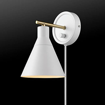 Globe Electric 65542 1-Light Plug-in or Hardwire Wall Sconce, Matte White, Brass Accent, Stepless Dimming Rotary Switch, Fabric Cord, Modern Lighting for Apartment or Renters, Home Decor
