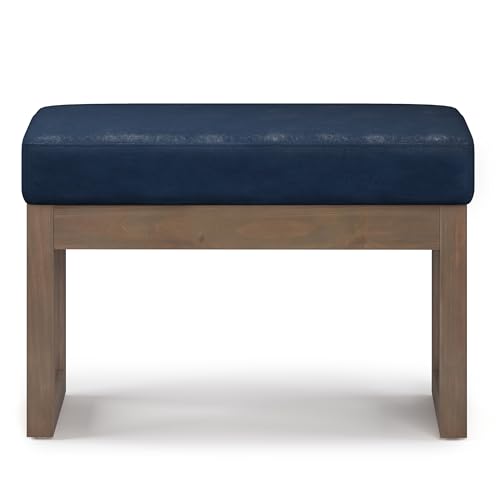 SIMPLIHOME Milltown 27" Wide Vegan Leather Rectangle Ottoman in Dark Blue | Distressed dark blue, contemporary ottoman, footstool or footrest with a cushioned seat for extra seating in the bedroom. - color: Distressed Dark Blue, style: Small Ottoman Bench