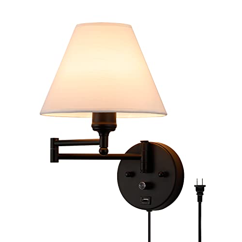 Swing Arm Wall Sconces, Plug-in Wall lamp,Bedroom Wall lamp ， White Fabric Shade，，with dimmable Switch and USB Charging Port, Suitable for Bedside, Living Room, Reading (Black) - color: Black