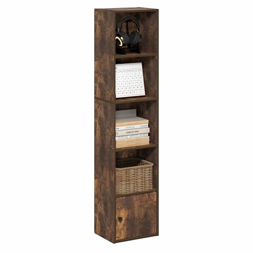 Furinno LUDER Book Shelf, 5-Tier Bookshelf with Open Shelf, Standing Bookcase with 1 Door Cabinet, 9.3 x 12 x 52, for Organization and Storage, for Living Room, Bedroom, Home Office, Amber Pine - color: Amber Pine, size: 5-Cube with Cabinet