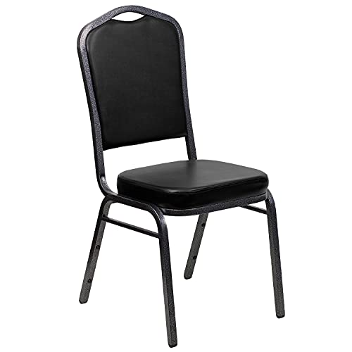 Flash Furniture Hercules Crown Back Stackable Banquet Chair, Silver, 4-Pack | Silver Vein Frame, Vinyl Upholstery - color: Black Vinyl/Silver Vein Frame, size: Set of 4