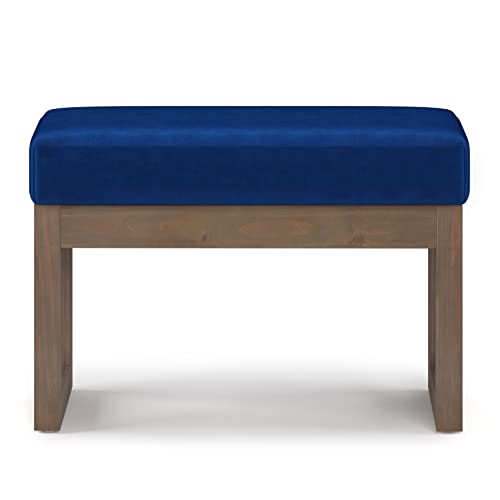 SIMPLIHOME Milltown 27" Wide Velvet Rectangle Ottoman in Blue | Blue, contemporary velvet ottoman with a cushioned seat for extra seating in the bedroom; footstool, footrest or pouf. - color: Blue, style: Small Ottoman Bench