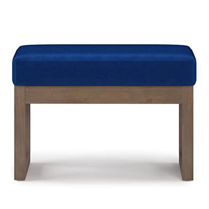 SIMPLIHOME Milltown 27" Wide Velvet Rectangle Ottoman in Blue | Blue, contemporary velvet ottoman with a cushioned seat for extra seating in the bedroom; footstool, footrest or pouf. - color: Blue, style: Small Ottoman Bench