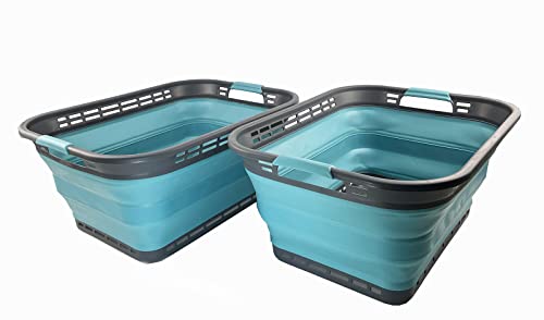 SAMMART 42L (11 Galloons) Collapsible Plastic Laundry Basket - Foldable Pop Up Storage Container/Organizer - Portable Washing Tub - Space Saving Hamper/Basket[BPA Free] (Grey/Crystal Blue (Set of 2)) - color: Grey/Crystal Blue (Set of 2)