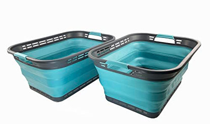 SAMMART 42L (11 Galloons) Collapsible Plastic Laundry Basket - Foldable Pop Up Storage Container/Organizer - Portable Washing Tub - Space Saving Hamper/Basket[BPA Free] (Grey/Crystal Blue (Set of 2)) - color: Grey/Crystal Blue (Set of 2)