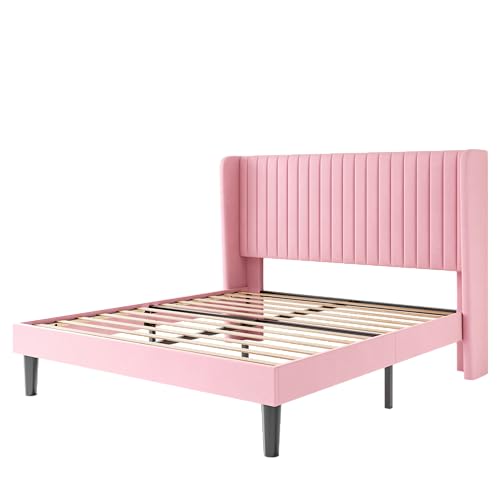 SHA CERLIN Queen Size Velvet Bed Frame, Tufted Wingback Headboard, Pink | 47'' Modern Vertical Channel Headboard, Upholstered Platform Bed, Wood Slats, No Box Spring Needed, Easy Assembly, Noise Free - color: Pink, size: Queen