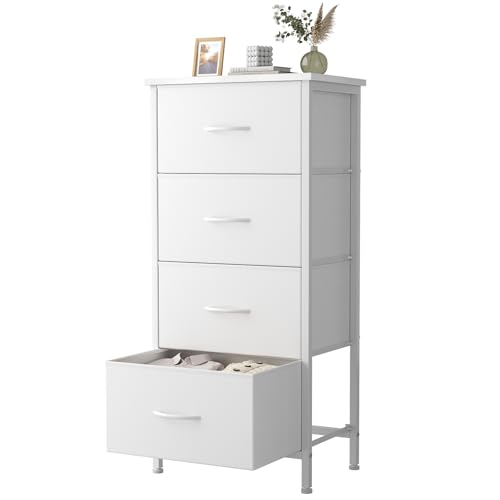 Sweetcrispy Dresser for Bedroom, 4 Drawer Storage Cabinet, Tall Nightstand | Small Fabric White Dresser for Closet, Chest of Drawers, Closet Organizer, Home Furniture, Sturdy Frame - color: White, size: 11.8"D x 17.7"W x 37.5"H (4 Drawers)