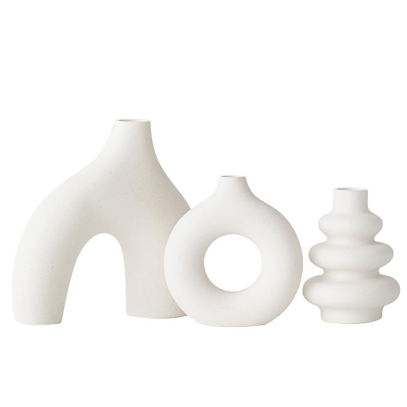 White Ceramic Vase Set of 3,Neutral Boho Nordic Minimalism Style Flower Vases for Living Room Wedding Table Party Office Bedroom - color: White
