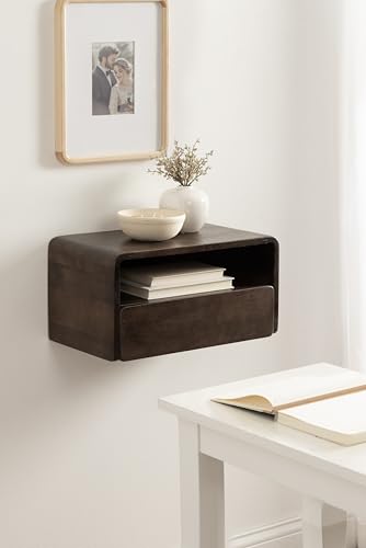Kate and Laurel Kato Modern Mango Wood Floating Side Table with Drawer, 18 x 10 x 9, Dark Brown, Contemporary Wooden Floating Nightstand for Bedroom Bedside Table or Living Room Wall Storage - color: Dark Brown