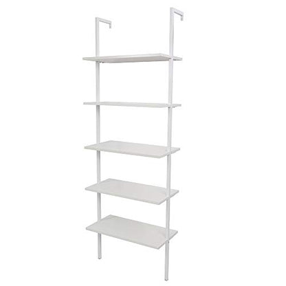 5-Shelf Modern Bookcase, Open Wall Mount Ladder Bookshelf with Industrial Metal Frame for Living Room Bedroom Home Office (White) - color: White