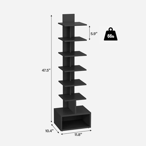 TUTOTAK Book Shelf, Narrow Spine Bookshelf, 8-Tier Bookcase for Small Space | 10.4 x 11.8 x 47.5 Inches Vertical Freestanding Corner Shelf for Living Room, Office, Study, Entryway, Black BS07BK008 - color: Black
