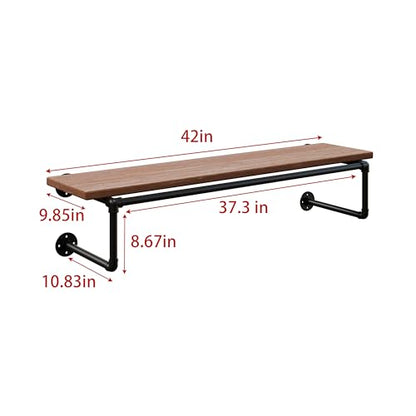 Clothes Rack 42in, Wall Mounted Garment Racks with Real Brown Wood Shelf, Heavy Duty Hanging Clothes Rack, Multi-Purpose Hanging Rod, Space-Saving Closet Storage - color: Brown, size: 1T42IN