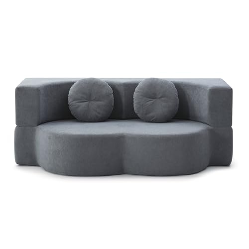 76" Convertible Folding Futon Sofa Bed, Queen Sleeper Sofa with Pillow, Teddy Floor & Futon Loveseat Couch, Foam Folding Mattress Sleeper for Living Room, Guest Use, Apartment, No Assembly (Grey) - color: Grey