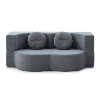 76" Convertible Folding Futon Sofa Bed, Queen Sleeper Sofa with Pillow, Teddy Floor & Futon Loveseat Couch, Foam Folding Mattress Sleeper for Living Room, Guest Use, Apartment, No Assembly (Grey) - color: Grey