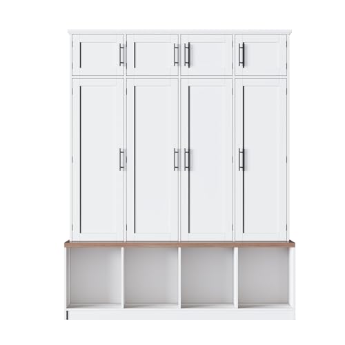 JIVOIT 75" H Farmhouse Hall Tree with Storage, Versatile 4-in-1 Coat Hanger with 4 Hidden Hanging Hooks, 8 Doors, Entryway Shoe Cabinet with Open Compartments for Living Room - color: White//23