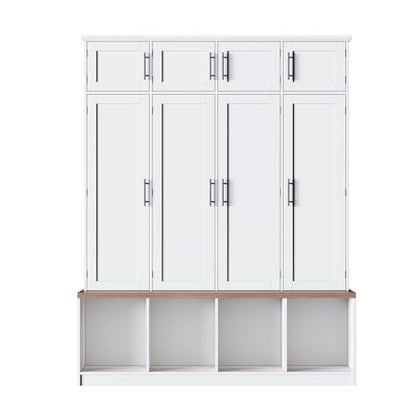 JIVOIT 75" H Farmhouse Hall Tree with Storage, Versatile 4-in-1 Coat Hanger with 4 Hidden Hanging Hooks, 8 Doors, Entryway Shoe Cabinet with Open Compartments for Living Room - color: White//23