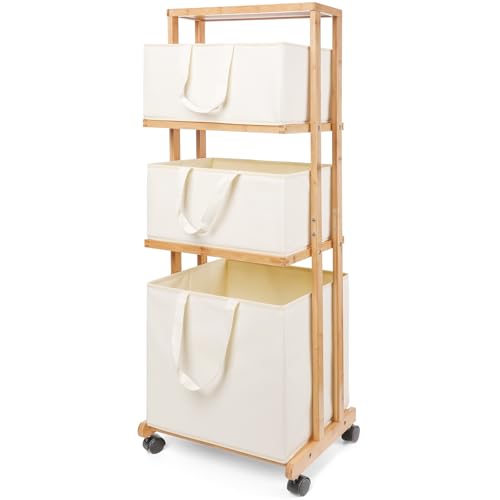 Homde 3-Tier Bamboo Laundry Basket: Storage Shelf with Wheels (Natural) | Freestanding Clothes Hamper Organizer with Handle - Removable Container for Bathroom Living Room Bedroom