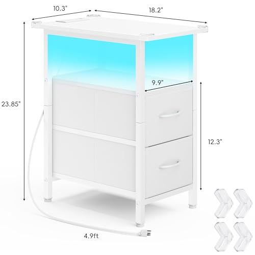 Set of 2 White Nightstand with Charging Station and LED Lights, Narrow Side Table, LED Night Stand with 2 Fabric Drawers, Bedside Table Small End Table, Tall Nightstand for Bedroom, White - color: White, size: 2, style: With LEDs