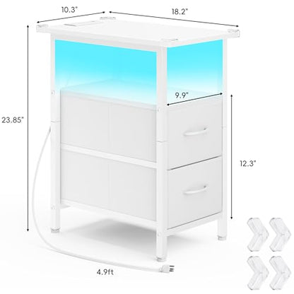 Set of 2 White Nightstand with Charging Station and LED Lights, Narrow Side Table, LED Night Stand with 2 Fabric Drawers, Bedside Table Small End Table, Tall Nightstand for Bedroom, White - color: White, size: 2, style: With LEDs