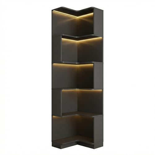 Corner Bookshelf, 5 Tier Tall Corner Bookcase with LED Lights, Freestanding L Shaped Open Display Shelf for Living Room, Bedroom, Home Office (Black) - style: Black-without drawers