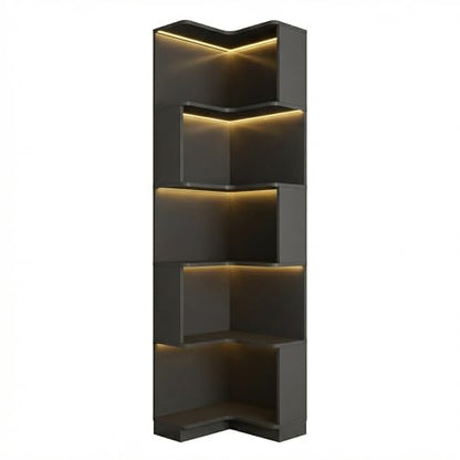 Corner Bookshelf, 5 Tier Tall Corner Bookcase with LED Lights, Freestanding L Shaped Open Display Shelf for Living Room, Bedroom, Home Office (Black) - style: Black-without drawers