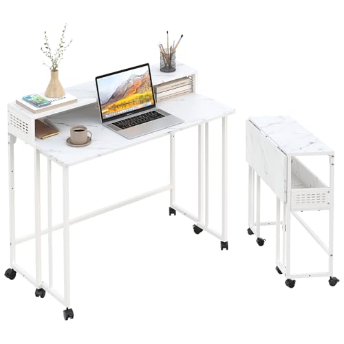 39.4" Folding Desk with Storage Shelf, Small Rolling Desk,White Marble | Mobile Sofa Side Table for Home Office Small Space, with Lockable Wheels, Double Cable Management Hole, Portable - color: White Marble, size: 39 inches