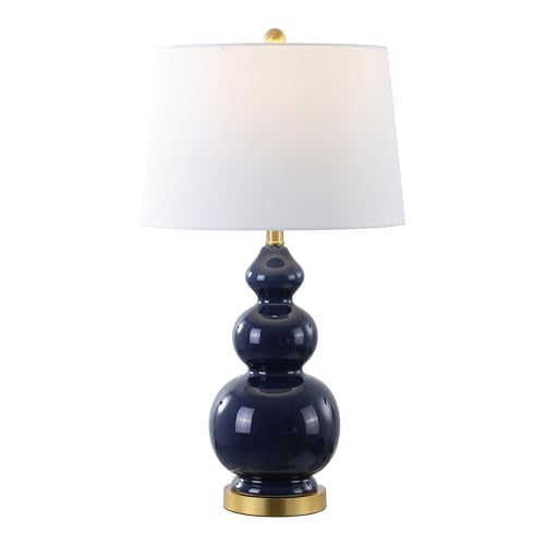 JONATHAN Y Bowen 27.5" Ceramic Triple Gourd Table Lamp, Navy/Brass Gold | Contemporary, White Linen Drum Shade, Modern Transitional Style, Metal Base, LED Bulb Included - color: Navy