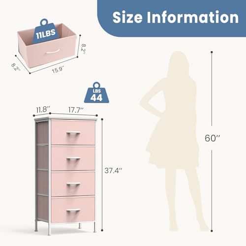 DUMOS Nightstand, Bedside Table with 4 Fabric Drawers | Night Stand with Sturdy Steel Frame Wood Top, Small Narrow Dresser Organizer Furniture, Bedroom Closet Living Room, Pink - color: Pink, size: 11.8"D x 17.7"W x 37.4"H (4 Drawers)