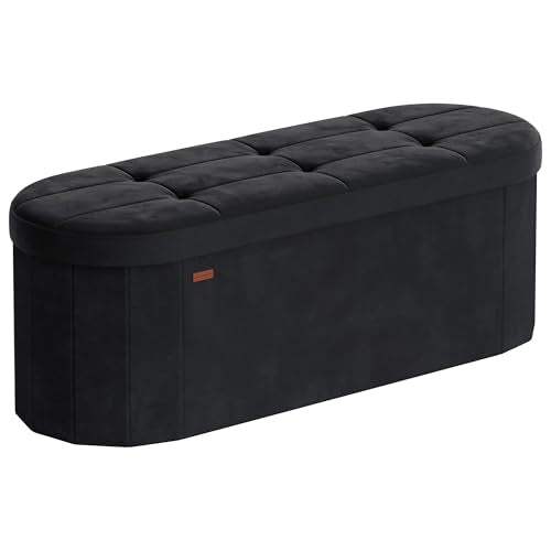 SONGMICS Mazie Collection - Folding Ottoman with Storage, Oval Storage Ottoman Bench, for Living Room, Bedroom, Velvet Fabric, 15 x 43 x 15 Inches, Ink Black ULSF297BH01 - color: Ink Black, size: 15"D x 43"W x 15"H, style: Oval
