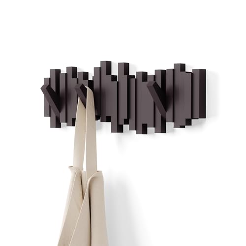 Umbra Sticks Wall Mount Coat Rack, 5 Hook Retractable Pegs, Espresso | Mounting hardware included, sculptural modern design, entryway or bedroom use, recycled plastic - color: Espresso, size: 5-Hook